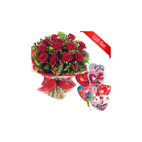 12 Red Roses & Balloon Bouquet